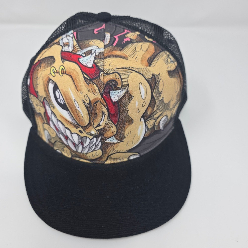 Monster Graphic Trucker Hat Mens OSFA Black Mesh Snapback Flat Brim Sample